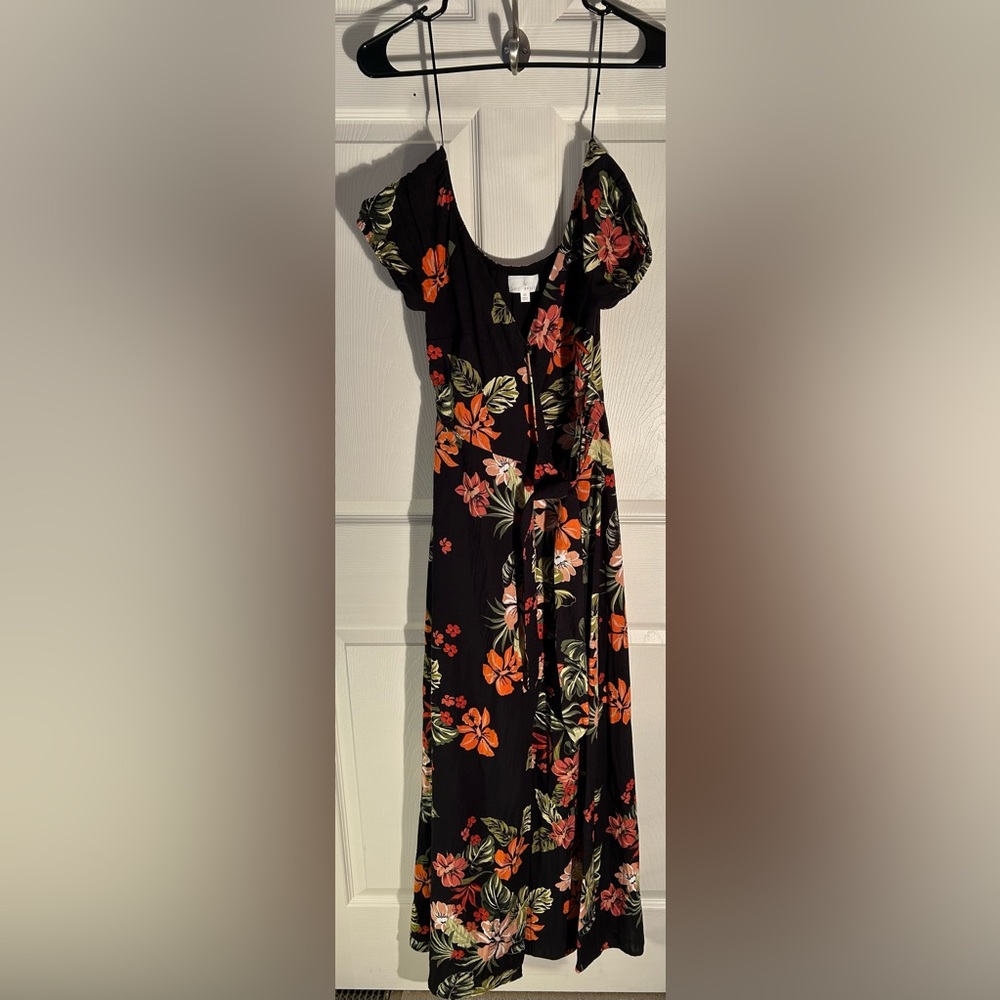 LOST + WANDER Aloha Lei Maxi Dress Floral Black Rayon Wrap XS